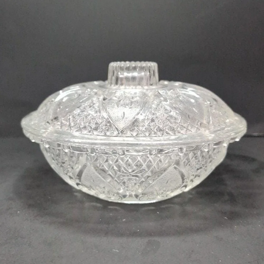 Pasari Indonesia Lidded Candy Dish, Hearts &‎ Flowers Pattern, Pressed Glass Jar